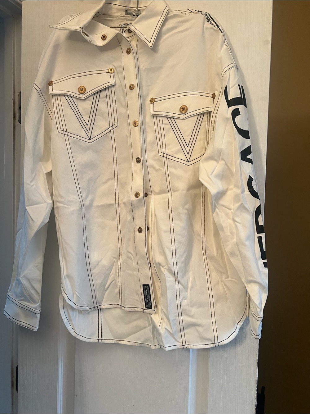 Versace White Button-Front Graphic-Trim Shirt Jacket